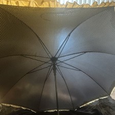 Women  s Compact Folding Umbrella Gray Beige Polka Dot Pattern with Ruffle