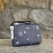 Coach Snowflake Blue Double Zip Wristlet
