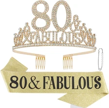 80th Birthday Decorations for Women - Set of 80 & Fabulous Crown Tiara, Sash, Pe
