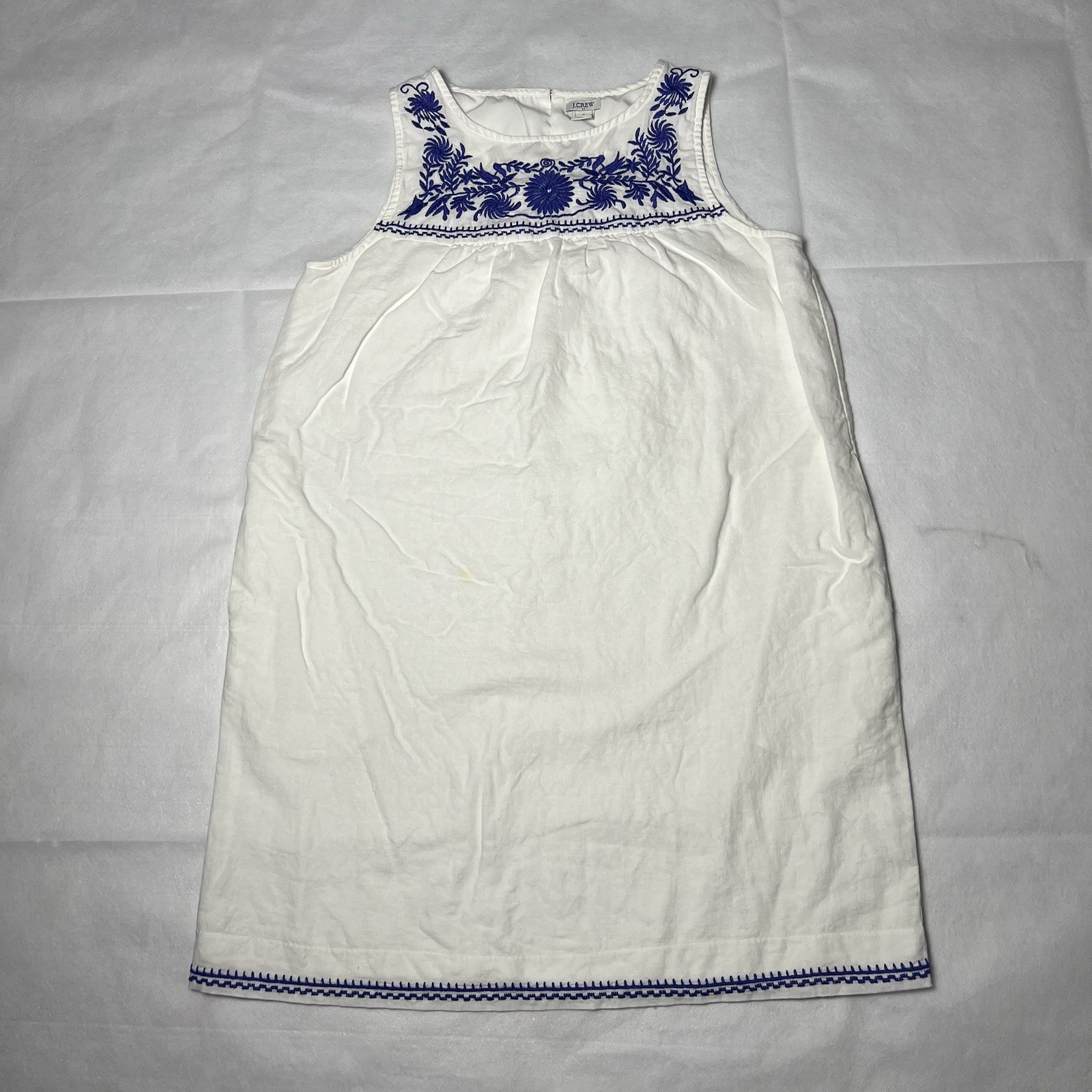 J Crew Embroidered Linen Blend Dress Women Size Small White Blue Beachy Boho