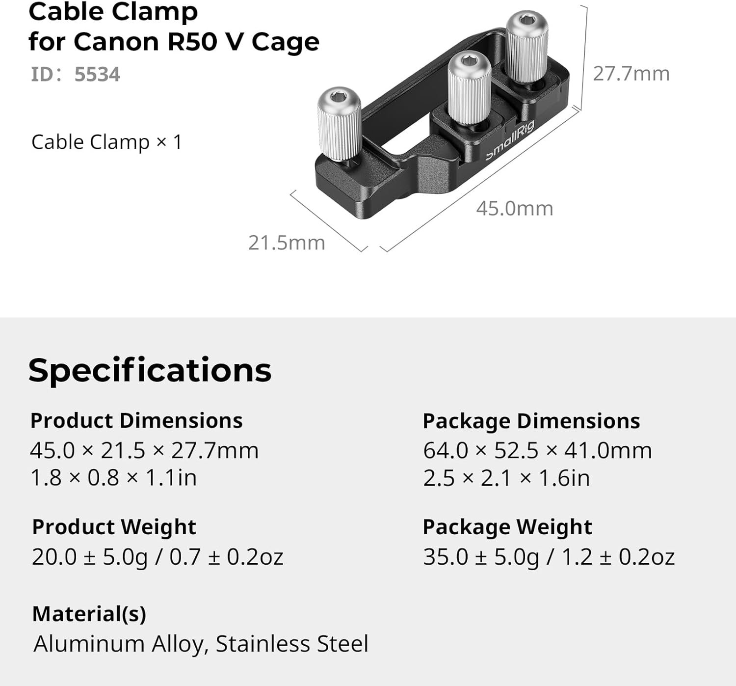 SmallRig USB-C Cable Clamp for Canon R50 V Camera Cage 5427/5428 M4 Thumb Screw