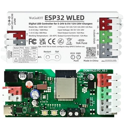 ESP32 WLED Controller with 16A Fuse for 5V-24V LED Strip Dynamic RGB IC DIY P...