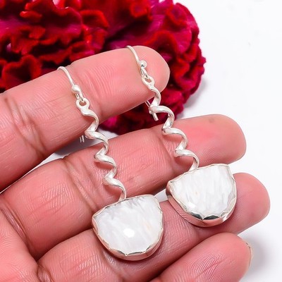 White Scolecite - India Designer Handmade 925 Sterling Silver Earring 2.26'' E525