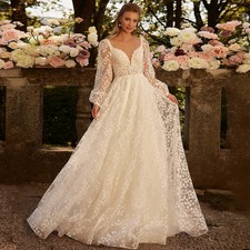 Princess Wedding Dress Customized Puff Sleeves Deep V Neck Exquisite Lace A Line