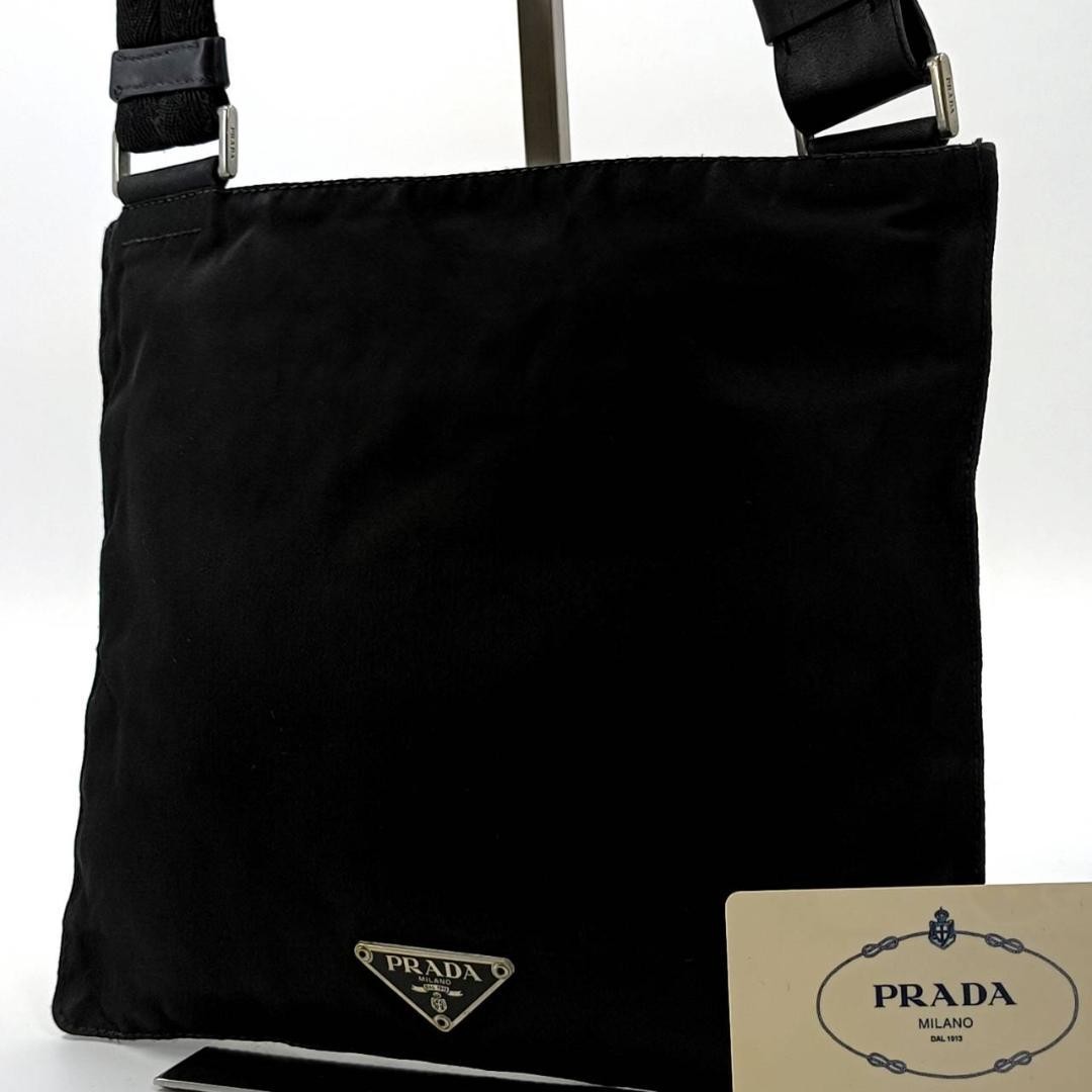 Vintage Prada Nylon Shoulder Bag with Triangle Logo in Black and White from Japan