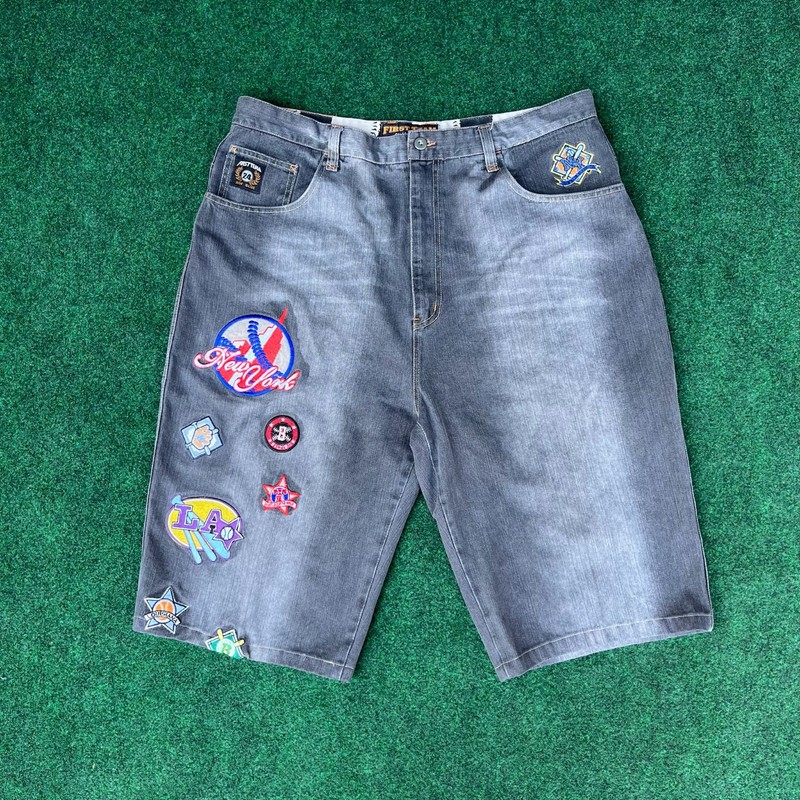 Y2K Raw Blue First Team Baseball Club Embroidered Patches Shorts Jorts Sz 42