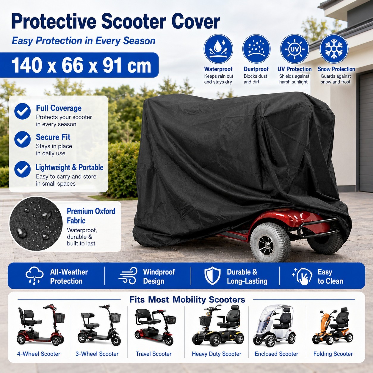 Waterproof Wheelchair Mobility Scooter Cover 55in Heavy Duty Rain Dust UV Shield