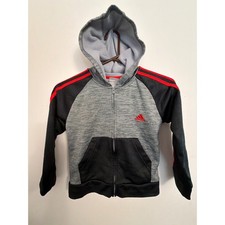 Adidas Full Zip Hoodie Boys Size 5 Grey Black Red Sporty 3-Stripe Fleece Lined