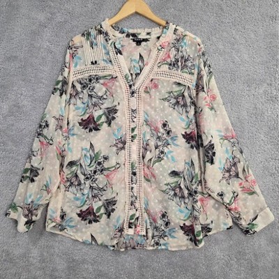 Torrid 3 3X Blouse Floral Chiffon Clip Dot Crochet Inset Sheer Boho Button Front