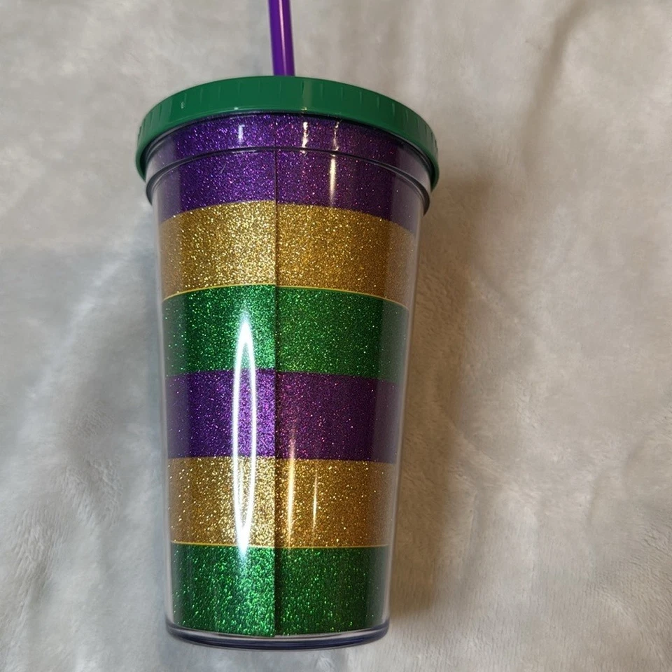 Taza de fiesta Mardi Gras/LSU con tapa y pajita Foto 3 de 4
