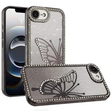 For iPhone 16e Case Large Bling Butterfly Glitter Phone Cover + Tempered Glass