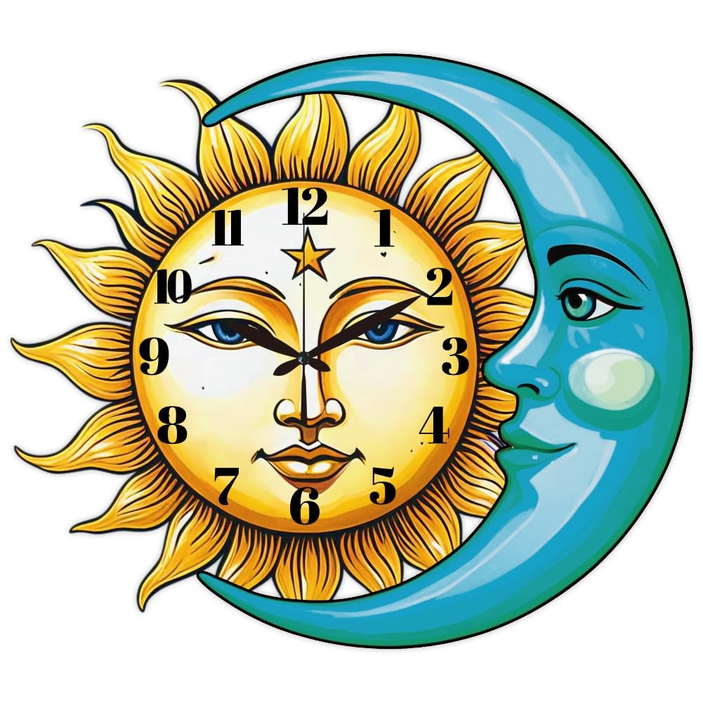 Sun And Moon Pattern Wall Clock 14.9 Inch Star Wood Grain Non-Ticking