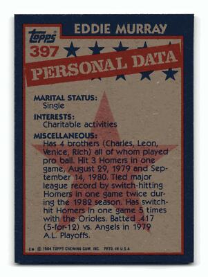 Eddie Murray 1984 Topps All-Star #397 HOF Baltimore Orioles NM