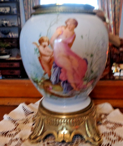 ANTIQUE /VINTAGE PAINTED CERAMIC & BRASS OIL LAMP BASE 2.2KG 10" high - Picture 5 of 18