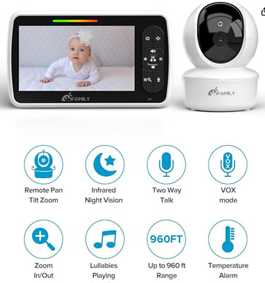 Baby Monitor - Large 5'' Screen with 30Hrs Battery Life - Remote Pan-Tilt-Zoom;No