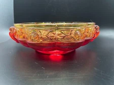 Jeannette Carnival Glass Amberline Aztec Rose Amber Vintage Bowl w/ 2 Handles