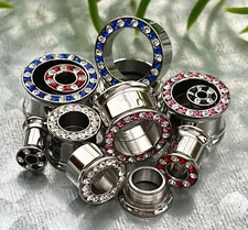 PAIR Internally Threaded Gem Rimmed Double Flare Tunnels Plugs Earlets Gauges