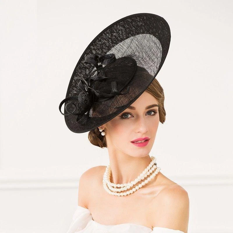 Mujer Kentucky Derby Iglesia Boda Noble Vestido Lino Pluma Sinamay Sombrero Foto 4 de 4