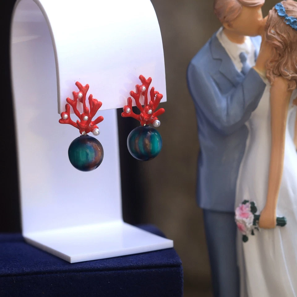Clip Ohrringe Nicht Durchstochen Koralle Email Rot Harz Grün Blau DZ1 - Bild 3 von 4