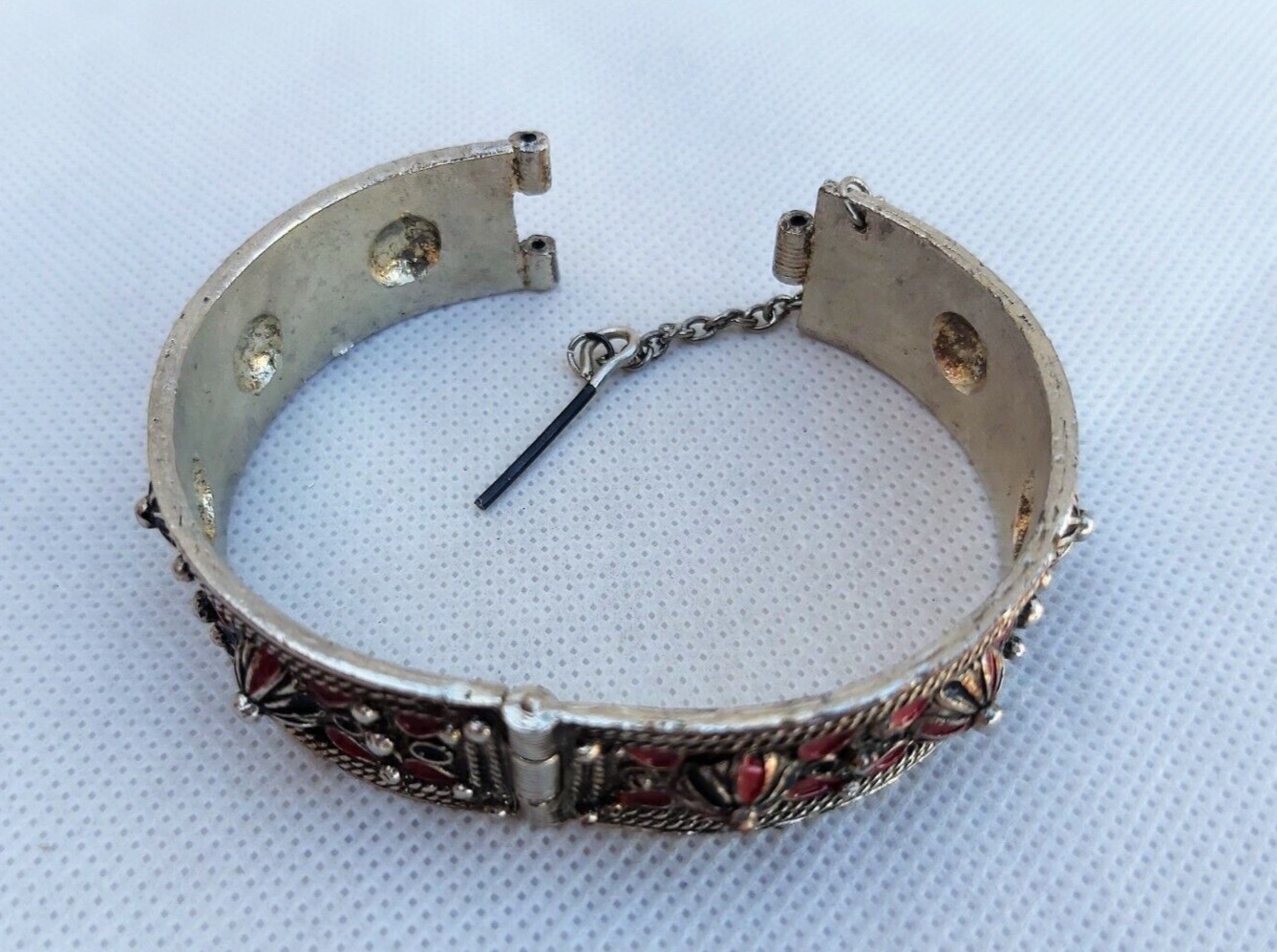 Vintage Solid Silver Tone Enamel Bangle Bracelet … - image 5