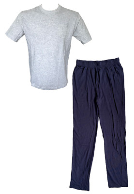 Herren Schlafanzug Pyjama 2-Teilig Kurzarm Grau Navy Baumwolle Gr. M, 2XL