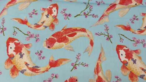 fat quarter cotton poplin with large carp on white, blue, black, turquoise - Picture 6 of 8