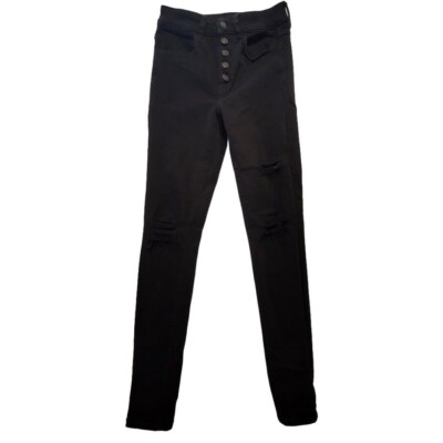 American Eagle Distressed Next Level Stretch Black Button Fly Jeans Women  Size