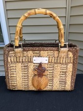 Vintage Rare Harl Taylor Pineapple Theme Bamboo Handles & Woven Straw Bag