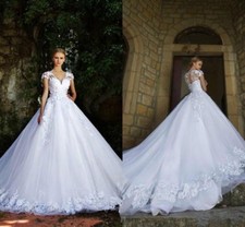 White V Neck Cap Sleeves Lace Tulle Wedding Dress Princess Bridal Gowns 6 8 10++