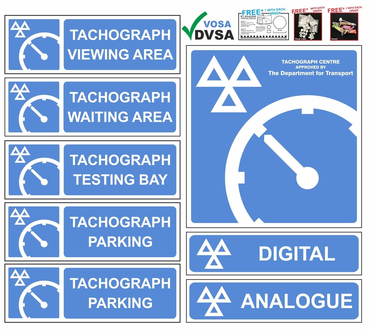 TACHOGRAPH CENTRE 8 SIGN PK. MOT SIGN. TACHO SIGNS. MOT SIGN PACK. VOSA ...