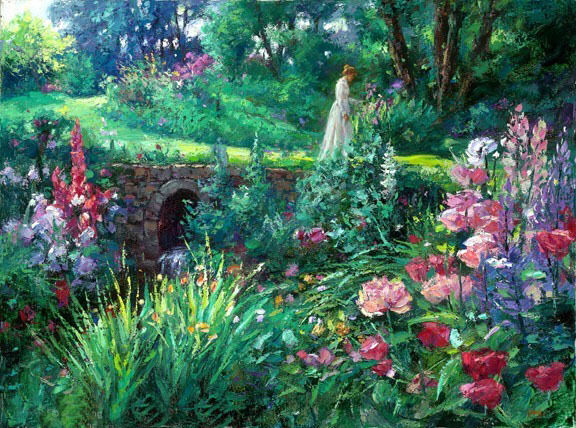 Art Oil painting young lady walk-in-the-garden landscape with spring flowers 36"