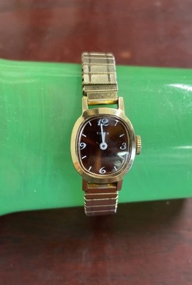 Gold Tone, Stainless Steel Vintage Ladies Wind Up Timex With Brown Face. Works!