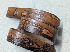 vintage TOOLED buckle belt TRAINS handcrafted 36 cowhide leather WESTERN cowboy