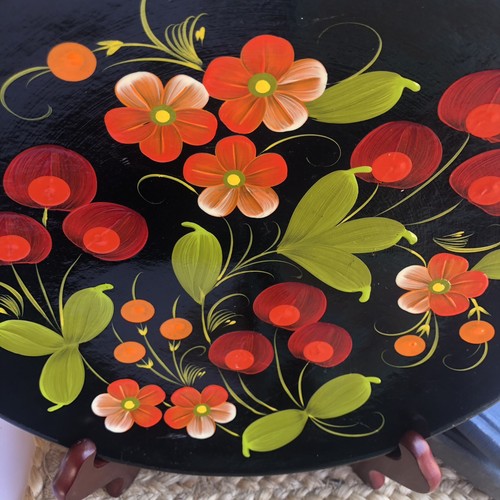 Russian 1970 HAND PAINTED Black Lacquer CHERRIES FLOWERS 9.75" Wood Plate - Picture 8 of 10