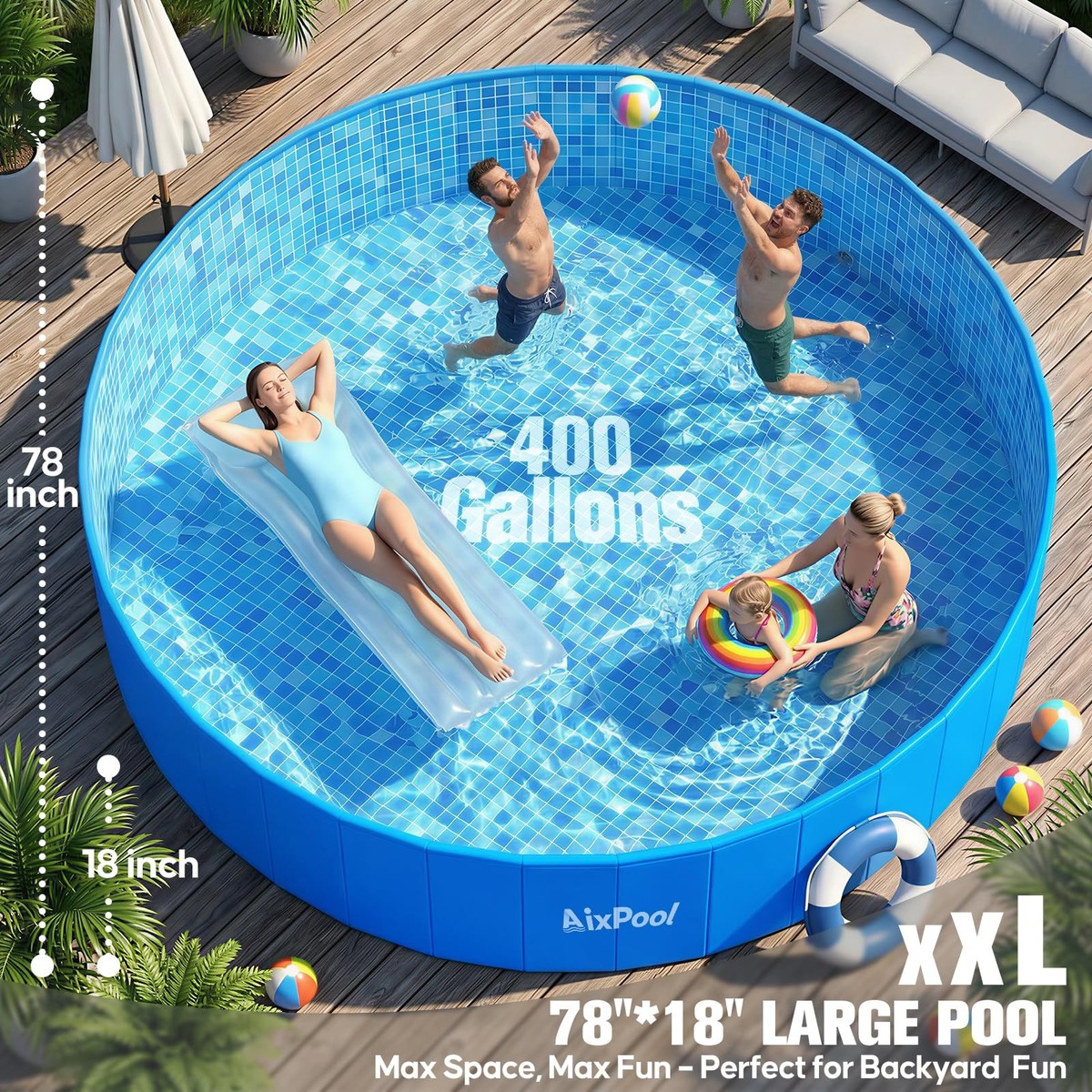 AixPool 2026 Large Foldable Pool,Non-Inflatable Pool for Adult