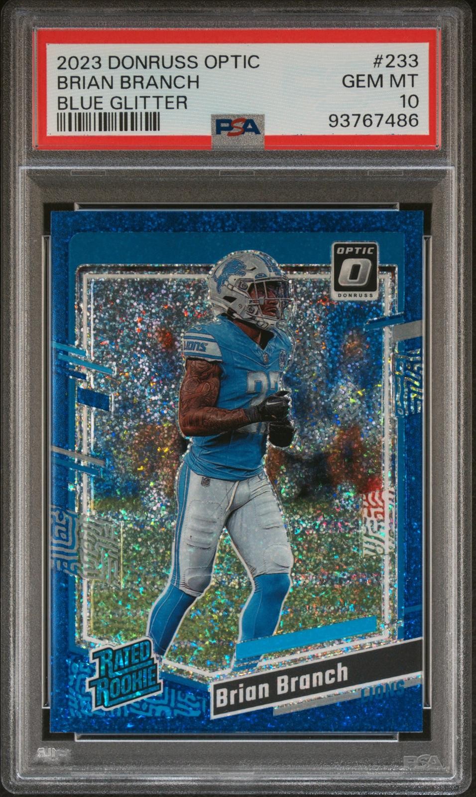 PSA 10 2023 Donruss Optic #233 Brian Branch Lions Blue Glitter Rated Rookie
