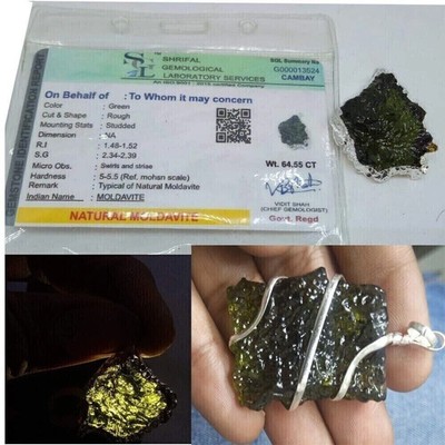 Certified Moldavite Stone Pendant for Men and Women (Green) Carat Plus