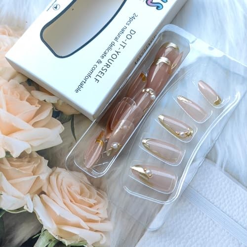 24Pcs Gold French Tip Press on Nails Medium Almond French Tip Nails Almond -20