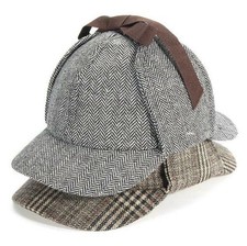 Sherlock Holmes 2 Peak Deerstalker Tweed Check Ear Flaps Wool Blend Hat Cap