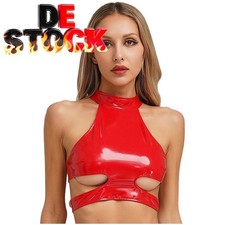 Damen Lackleder Tank Top Crop Top Neckholder Oberteil Camisole Party Clubwear