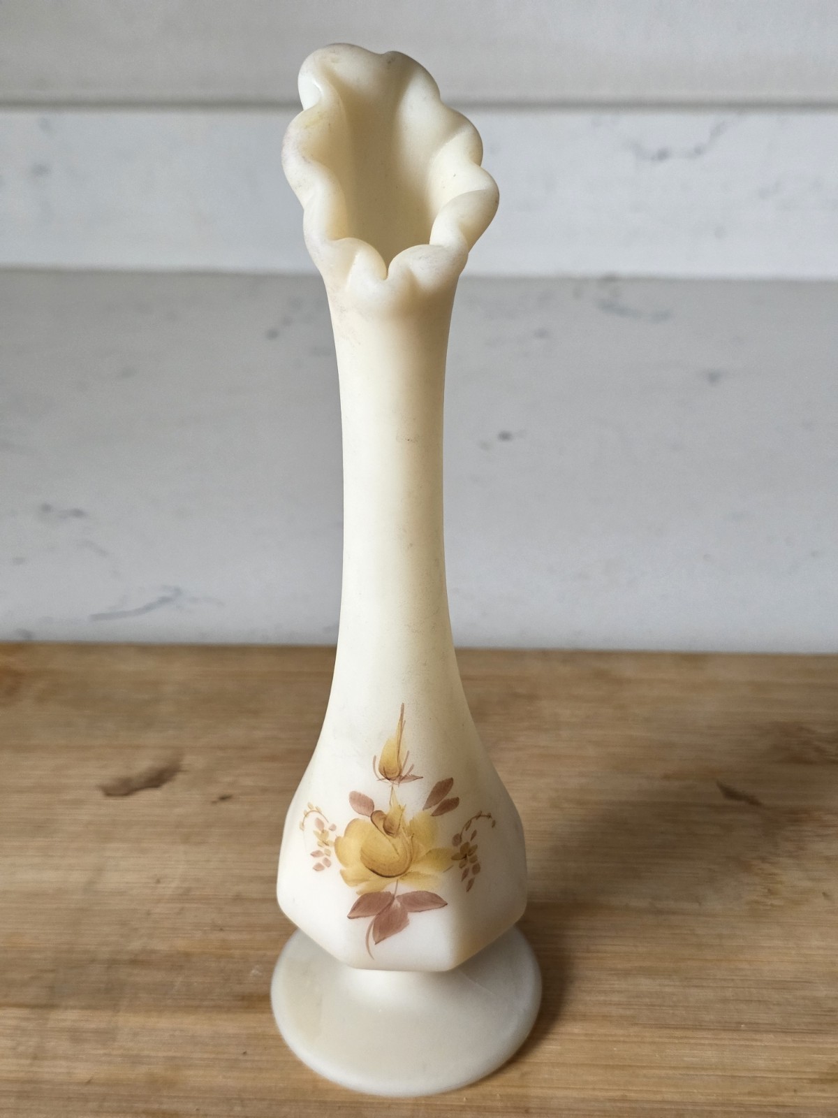 VTG Fenton Custard Satin Hand Painted Floral Signed Labeled Footed Bud Vase 8”