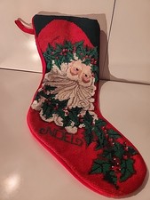 22" Embroidered Cotton Wool Christmas Stocking Santa Claus W/Holly Excellent