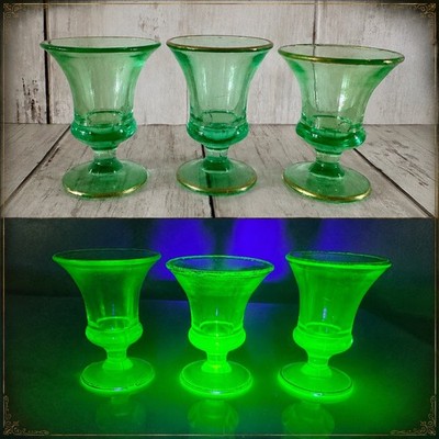 Vintage Green Uranium Glass Cordial Shot Glasses Gold Trim UV Reactive Set of 3