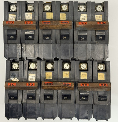 Lot of 6 Federal Pacific FPE Stab-Lok 2 Pole Breakers (3) 50A & (3) 30A Used