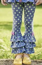 Matilda Jane Girls Size 4 Blue Green Polka Dot Triple Ruffle Leggings Pants