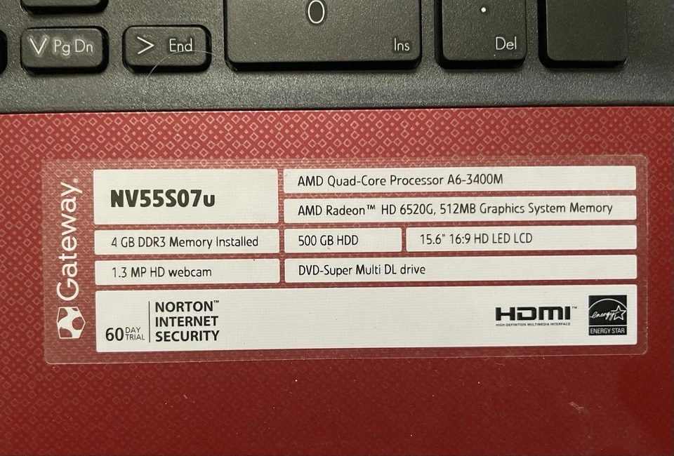 Gateway NV55SO7u 15,5 дюйма 2007 Windows 7 четырехъядерный A6 Vision 4 ГБ жесткий диск 500 ГБ красноватый - Изображение 2 из 4