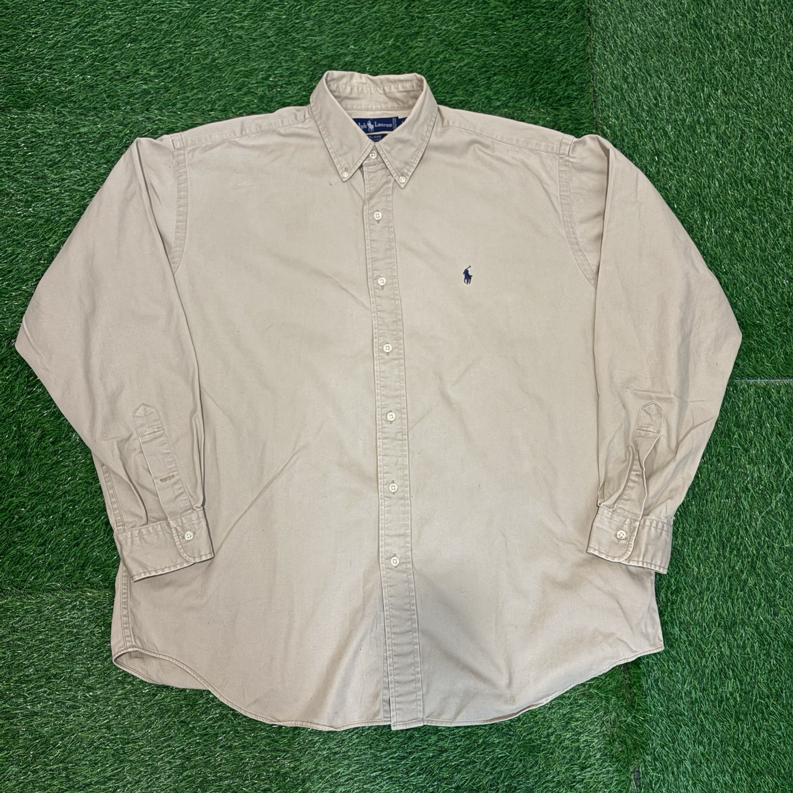 VTG Polo Ralph Lauren Blaire Button Down Shirt Mens L Tan Cotton Long Sleeve 90s