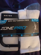 ZONE PRO BOYS' HALF CUSHION CREW SOCKS 6 PAIR SIZE L SHOE 4-10 NEW IN PACKAGE