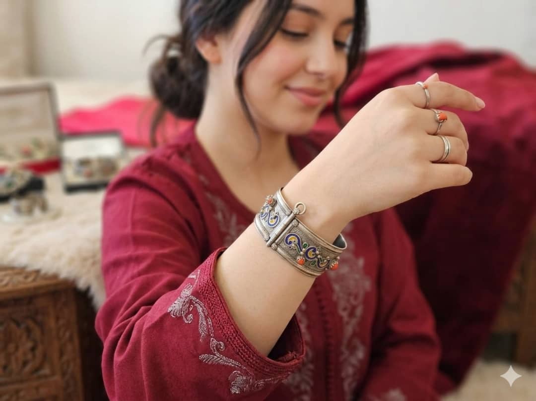Bracelet Kabyle en argent massif et corail véritable - Bijou traditionnel algérien