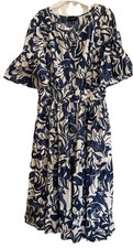 TAHARI ASL Blue & White Batik Look Balloon Sleeve Tiered Midi Dress Sz Medium